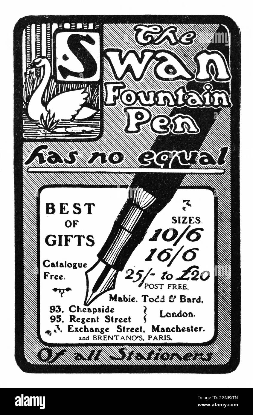 Una pubblicità del 1902 che promuove la “Swan Fountain Pen”, prodotta in Inghilterra da Mabie, Todd & Bard. Foto Stock