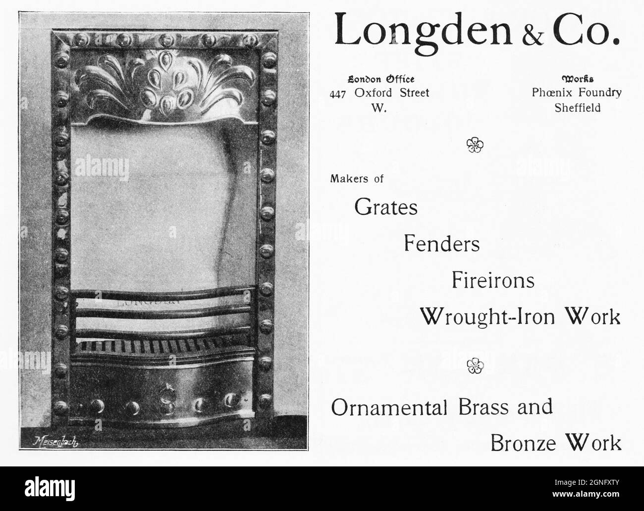 Un annuncio del 1902 in stile «Arti e Mestieri» che promuove “Longden & Co.”, “produttori di griglie, parafanghi, ferri da fuoco; lavori in ferro battuto; Lavori ornamentali in ottone e bronzo”. La sede della società si trovava a Oxford Street, West London, e la loro fabbrica, ‘Phoenix Foundry’, era situata a Sheffield. Foto Stock