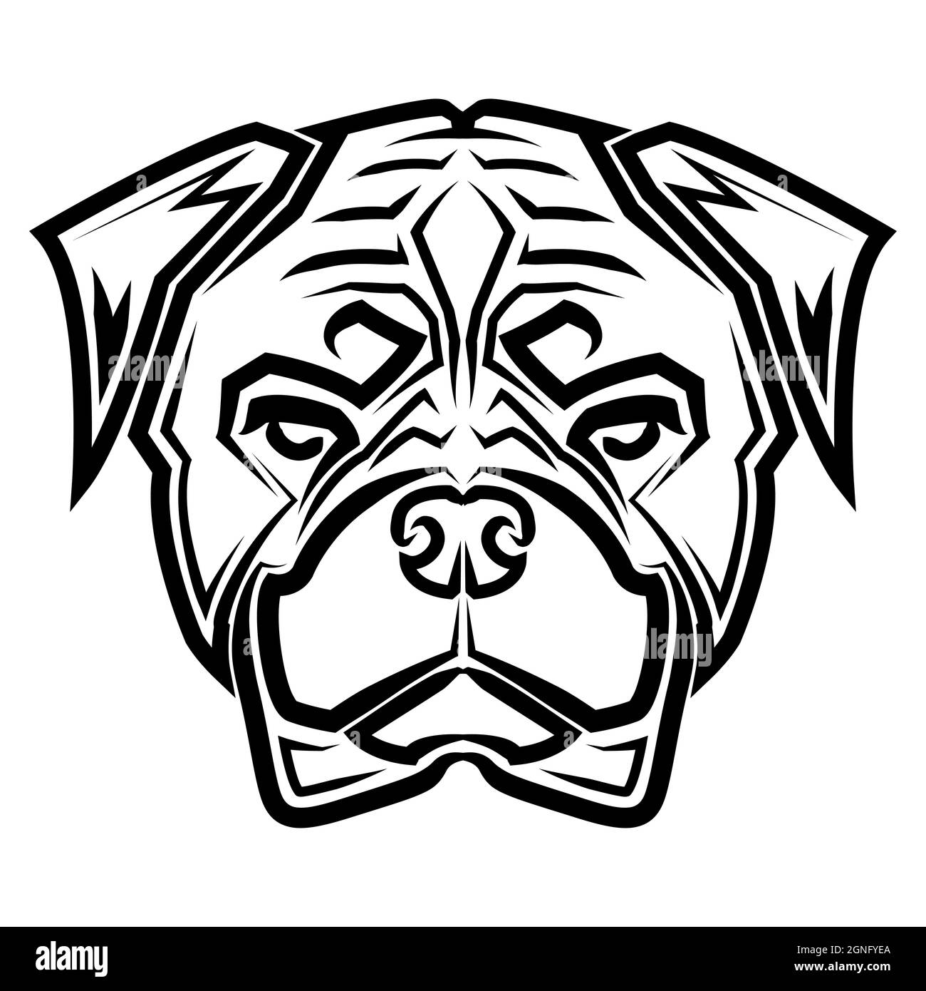 Linea bianca e nera della testa del cane rottweiler. Buon uso per simbolo, mascotte, icona, avatar, tatuaggio, T Shirt design, logo o qualsiasi disegno. Illustrazione Vettoriale