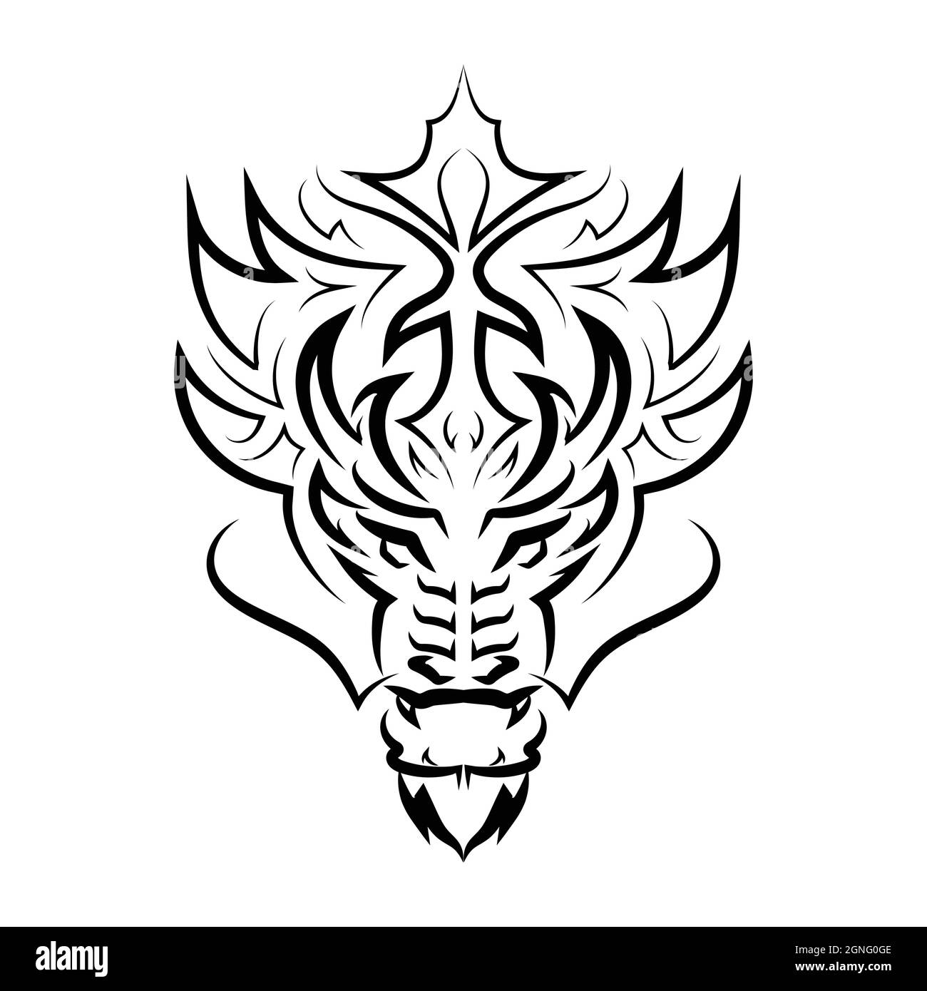 Linea bianca e nera dell'arte della testa del drago. Buon uso per simbolo, mascotte, icona, avatar, tatuaggio, T-Shirt design, logo o qualsiasi disegno. Illustrazione Vettoriale