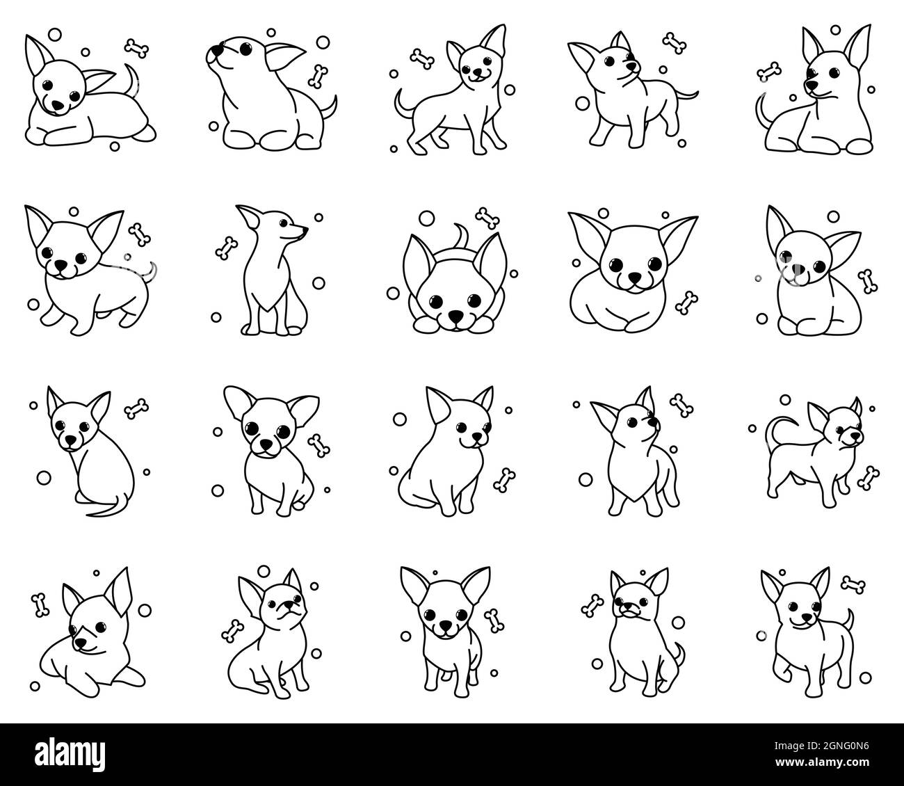 Carino Cartoon Vector Illustrazione icona insieme di Chihuahua cuccioli cani. È stile di contorno. Illustrazione Vettoriale