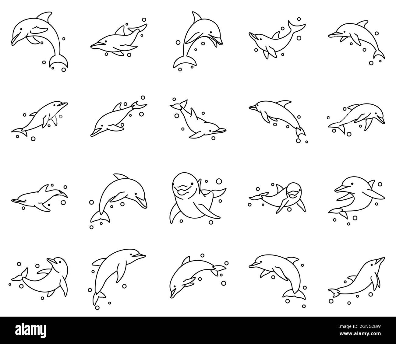 Set di icone di illustrazione vettoriale di Line art di delfini Illustrazione Vettoriale