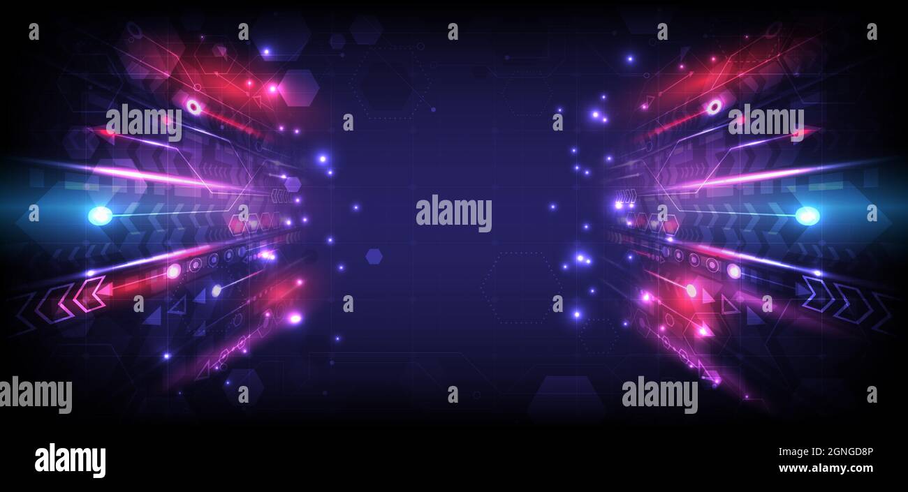 Freccia della velocità di luce in prospettiva. Astratto background futuristico ad alta tecnologia. Motivazione e connessione Internet per comunicare l'innovazione. Circ Illustrazione Vettoriale