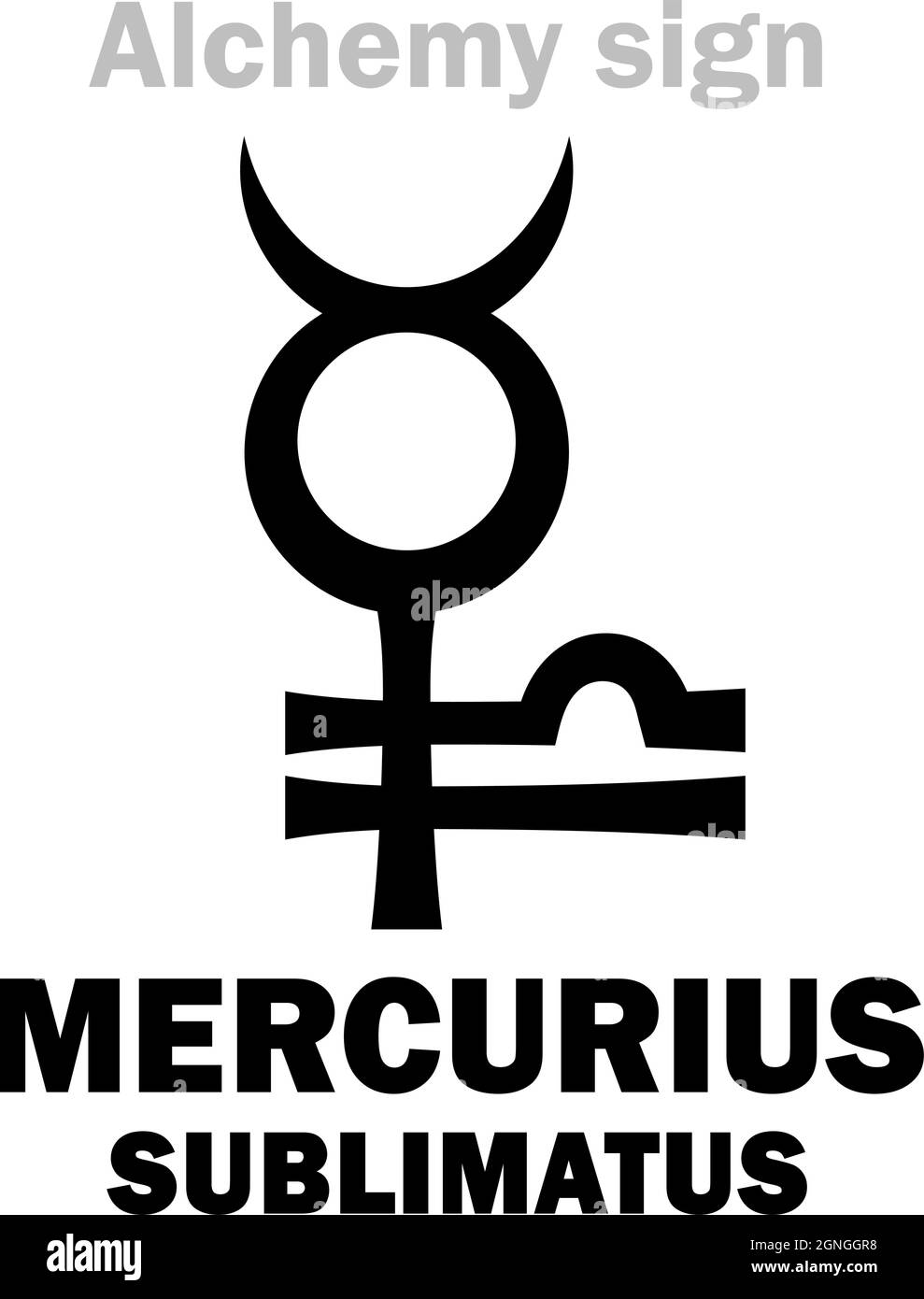 Alchimia Alphabet: SUBLIMATO DI MERCURIO (Mercurius sublimato): 1) SUBLIMATO CORROSIVO, Sublime, Sulemá. 2) CALOMEL, Horn Quicksilver, Horn Mercury. Illustrazione Vettoriale