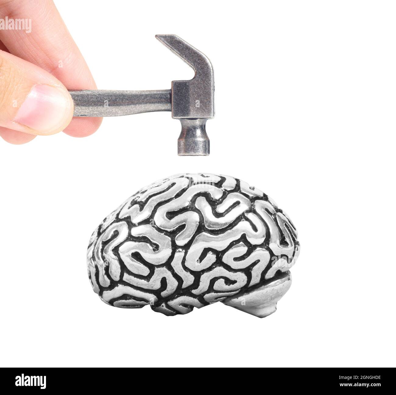Vista del raccolto delle dita maschio che tengono un martello di acciaio piccolo sopra una copia di metallo di un cervello umano isolato su bianco. Concetto di esame neurologico. Foto Stock