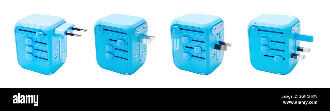 Adattatore di alimentazione universale all-in-one, connettore maschio da viaggio isolato su sfondo bianco. Foto Stock