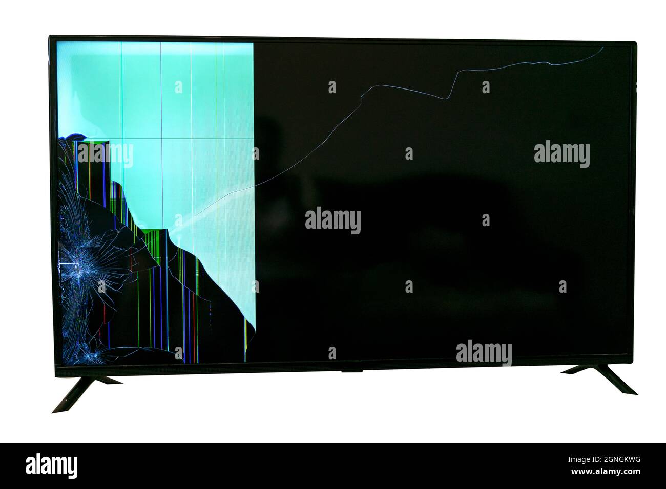 tv lcd rotto con strisce luminose sullo schermo, isolato su sfondo bianco Foto Stock