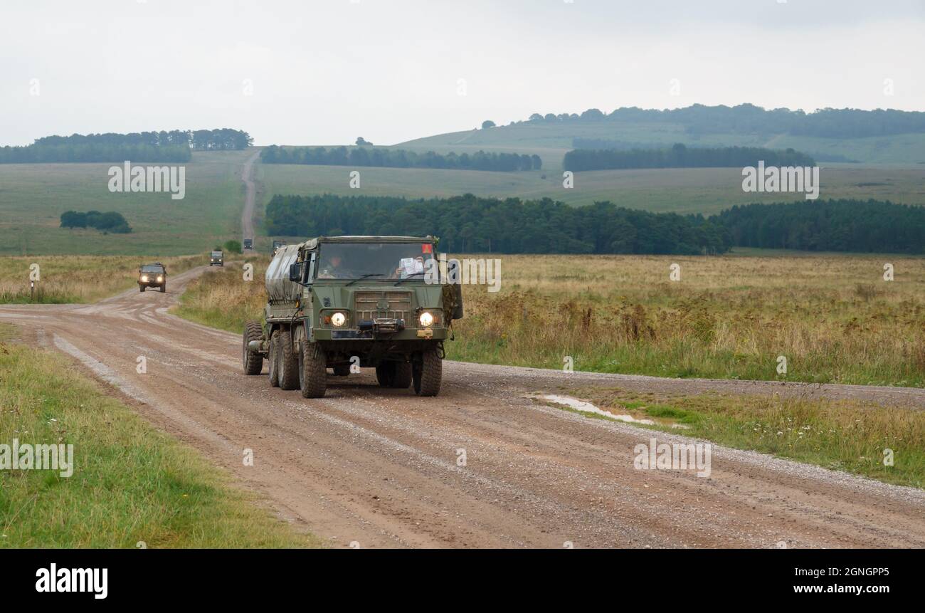 L'esercito britannico Pinzgauer High-Mobility All-Terrain 6x6 veicolo inza una pistola da artiglieria leggera da 105mm su Wilts militare esercizio UK Foto Stock