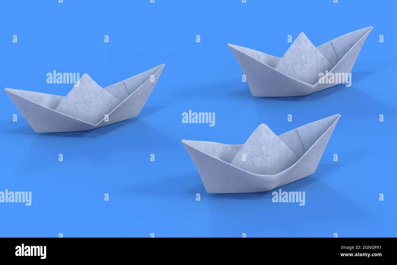 Rendering in 3d di imbarcazioni in carta bianca su una superficie morbida con spazio di copia isolato su sfondo blu Foto Stock