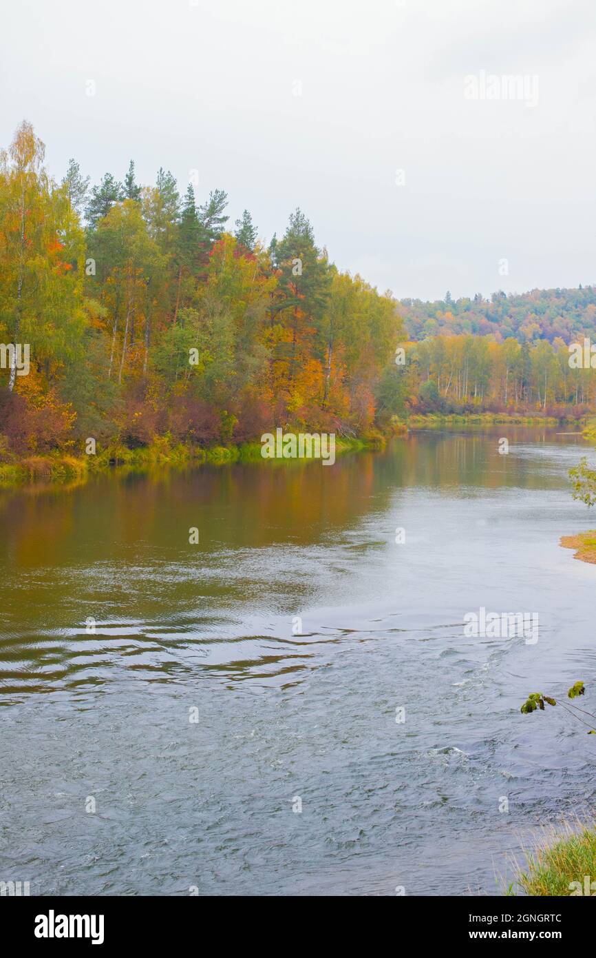 Una vista panoramica sul fiume e le sue rive in autunno a Sigulda città Foto Stock