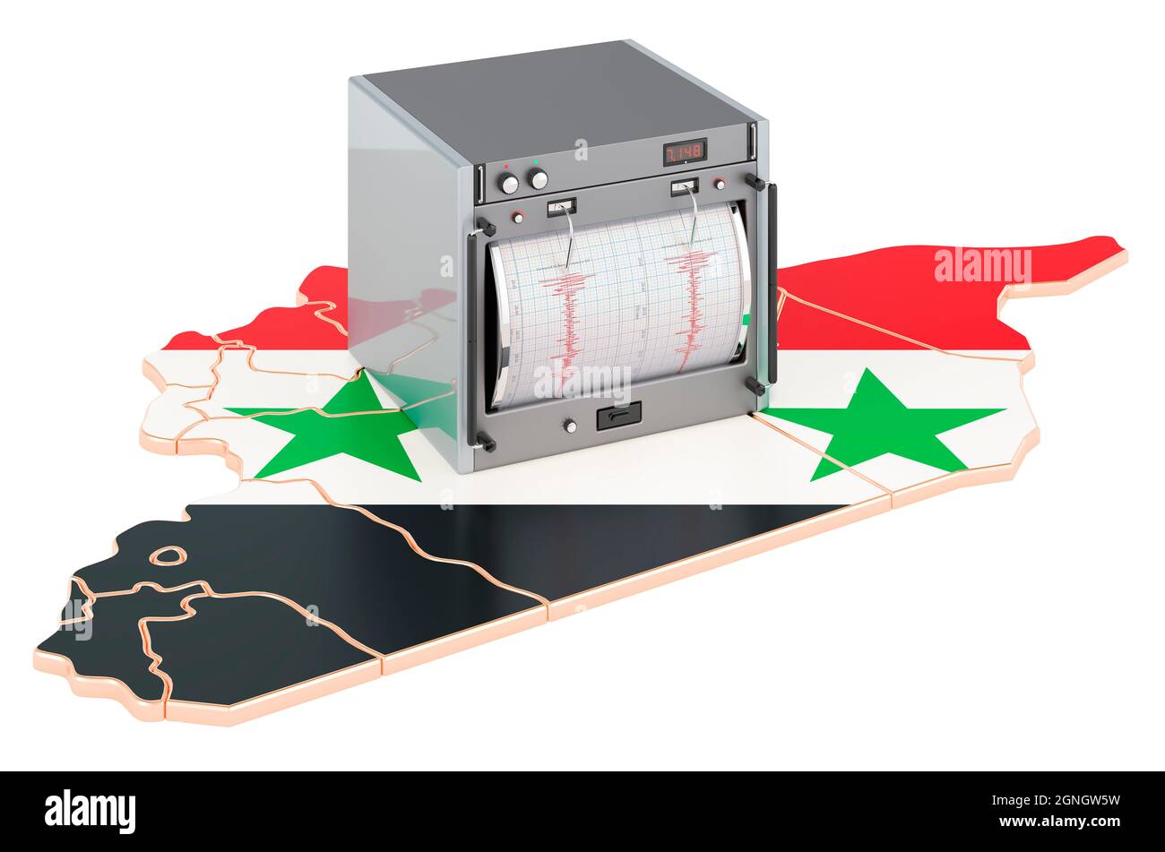 Terremoto in Siria, concetto. Sismografo sulla mappa siriana. Rendering 3D isolato su sfondo bianco Foto Stock