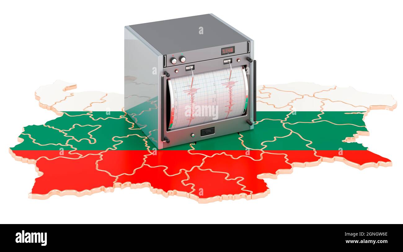 Terremoto in Bulgaria, concetto. Sismografo sulla mappa bulgara. Rendering 3D isolato su sfondo bianco Foto Stock