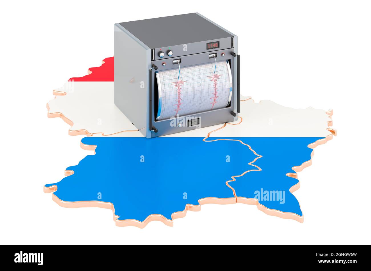 Terremoto in Lussemburgo, Concept. Sismografo sulla mappa lussemburghese. Rendering 3D isolato su sfondo bianco Foto Stock