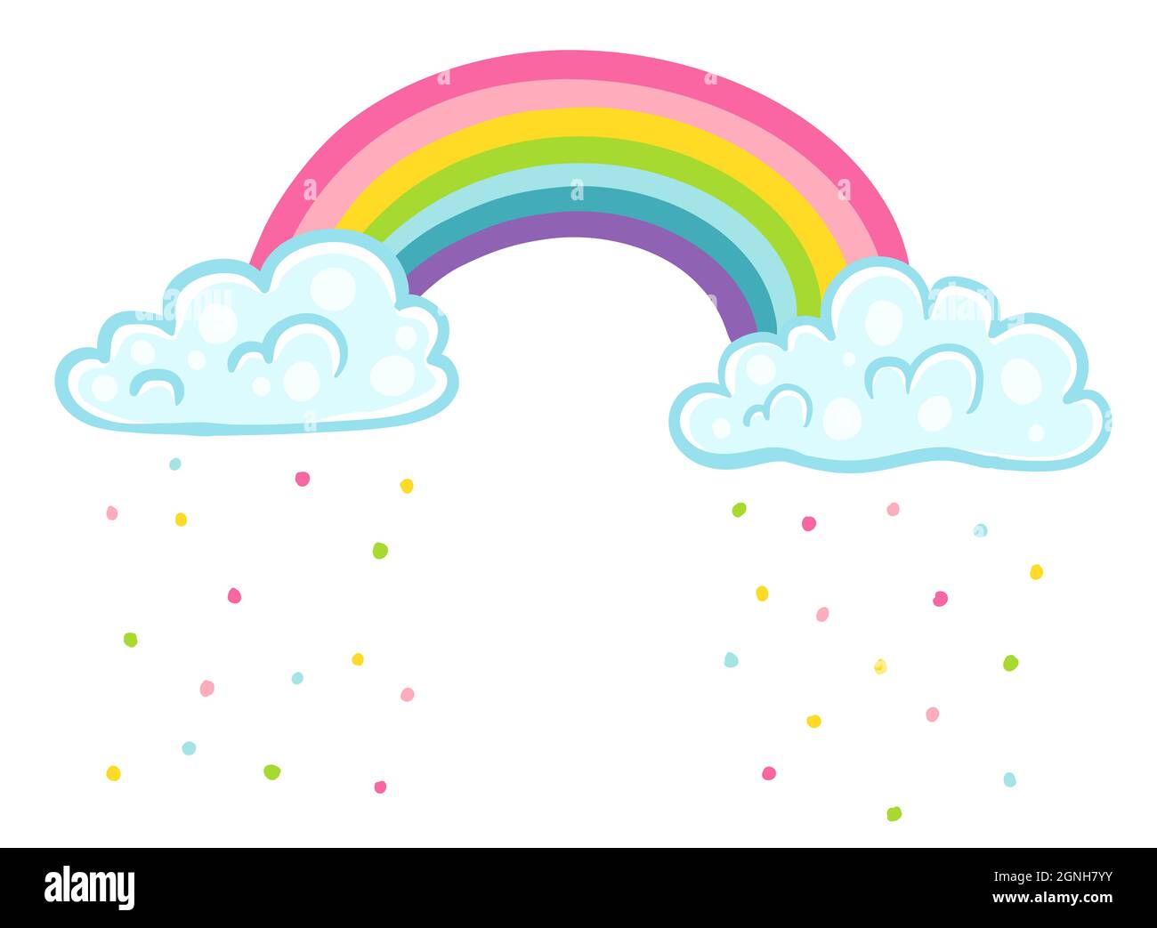 Illustrazione vettoriale di un arcobaleno con nuvole in stile kawaii. Nuvole con confetti e arcobaleno. Illustrazione Vettoriale