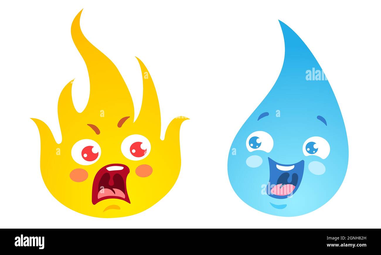 Icone del set vettoriale due elementi fuoco e acqua. Elementi naturali in stile emoji. Fuoco e acqua. Kawaii emoji. Illustrazione Vettoriale