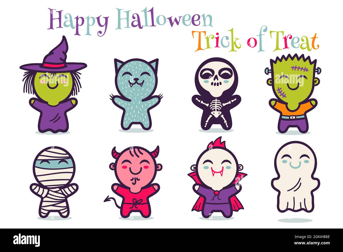 Illustrazione del set vettoriale dei bambini in costumi per Halloween. Illustrazioni con i bambini carini in costumi dei mostri di Halloween. Mostri di Halloween. Illustrazione Vettoriale