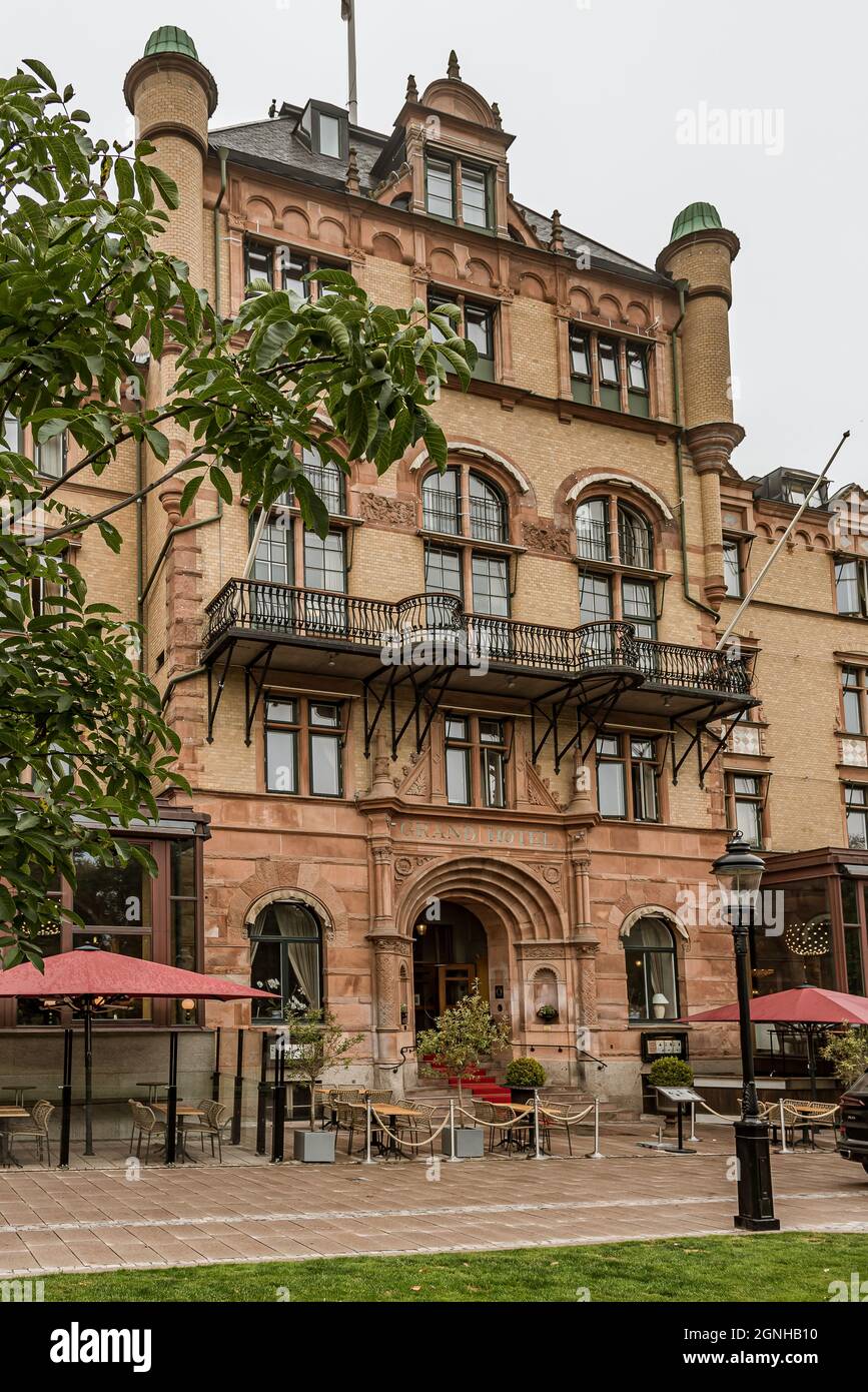 L'ingresso principale del Grand Hotel, un albergo di lusso di cento anni nel centro di Lund, Svezia, 11 settembre 2021 Foto Stock