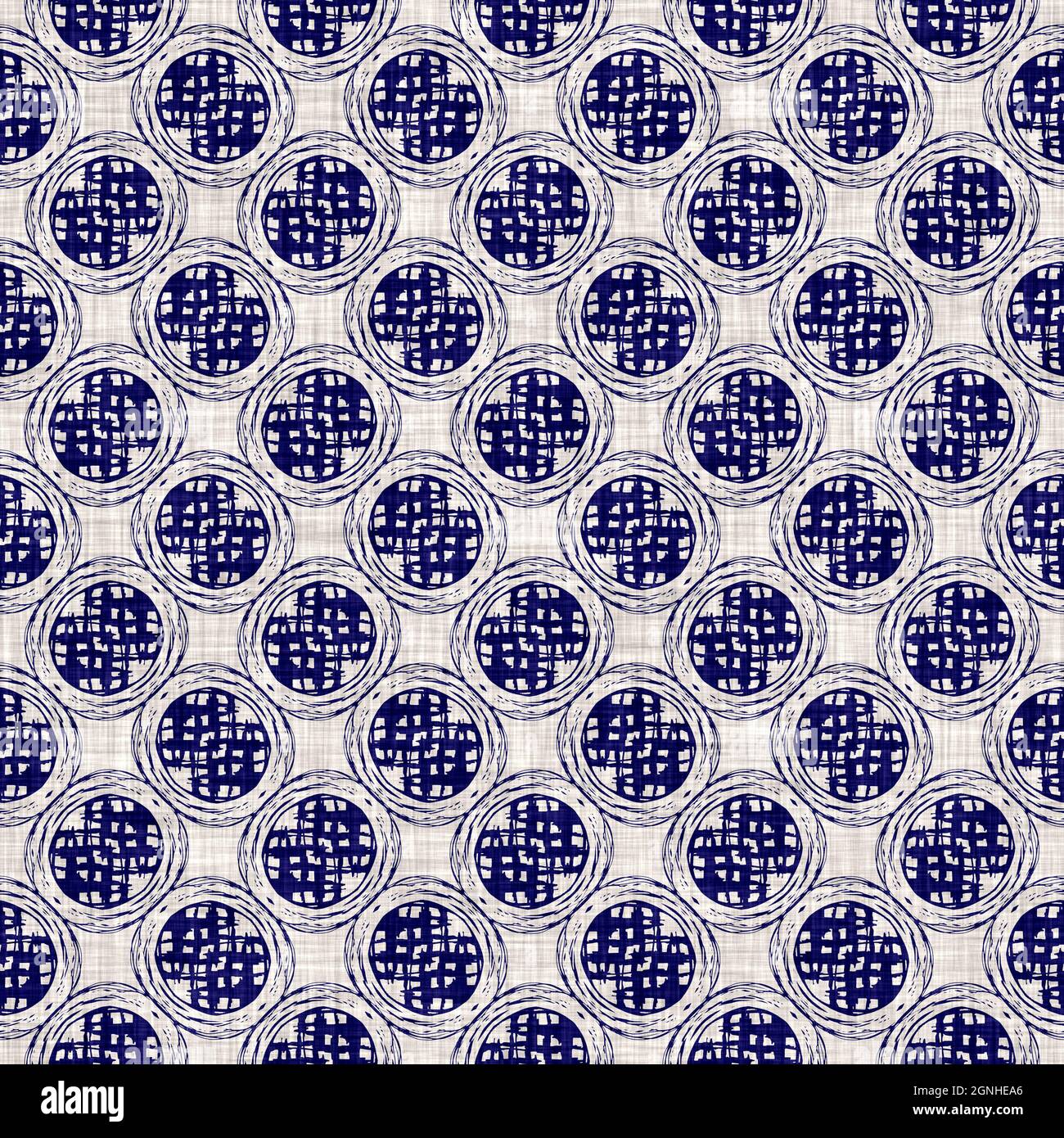 Texture indaco-cerchio senza cuciture. Sfondo blu effetto boro cotone tinto. Giappone ripetizione batik modello di resist. Stampe asiatiche stellato Foto Stock