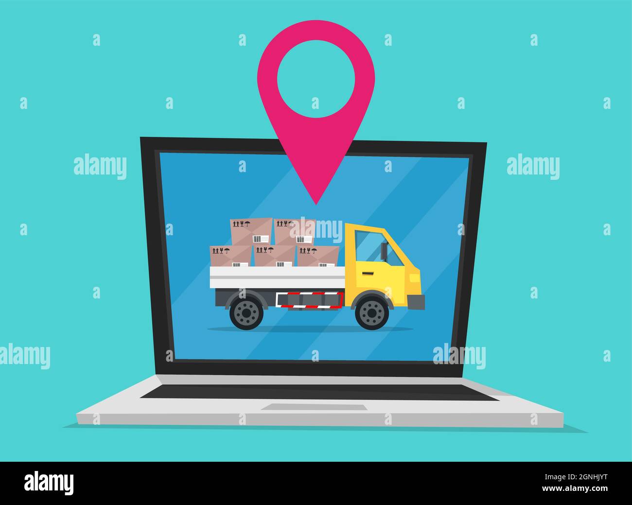 Stile cartoon, illustrazione vettoriale, del camion di consegna di camion sullo schermo del laptop. Design grafico piatto. Illustrazione Vettoriale