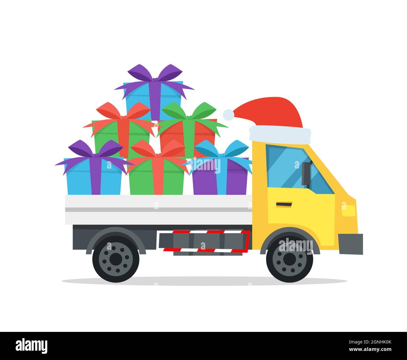Illustrazione vettoriale in stile cartoon del camion di consegna con cappello di santa e mazzo di regali di natale. Il carrello è isolato su sfondo bianco Illustrazione Vettoriale