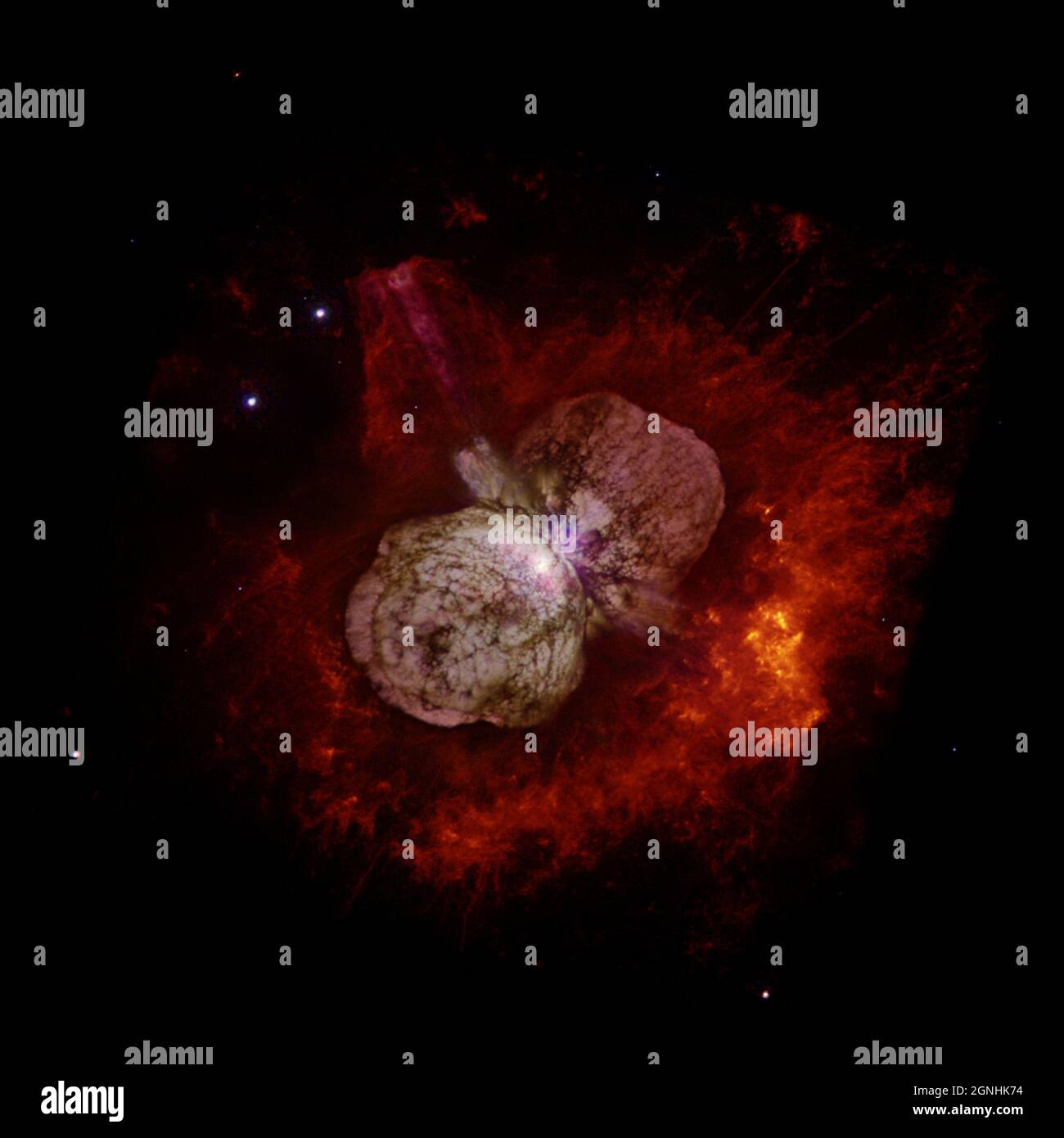 L'imponente stella luminosa ETA Carina. La stella 100x la massa e 5,000,000 volte la luminosità del sole. I due lobi sono noti come la Nebula Homunculus e consistono di massa espulsa in un'esplosione nel 1840. La stella alla fine crollerà come una supernova di tipo IIa massiccia. . Fonte immagine NASA/ESA Hubble Space Telescope Foto Stock