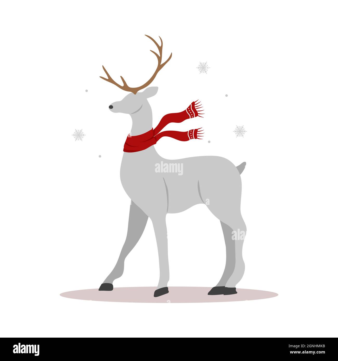 Renna di Natale in sciarpa. Cervo carino con formiche. Elemento di design invernale. Illustrazione vettoriale in stile cartoon piatto Illustrazione Vettoriale