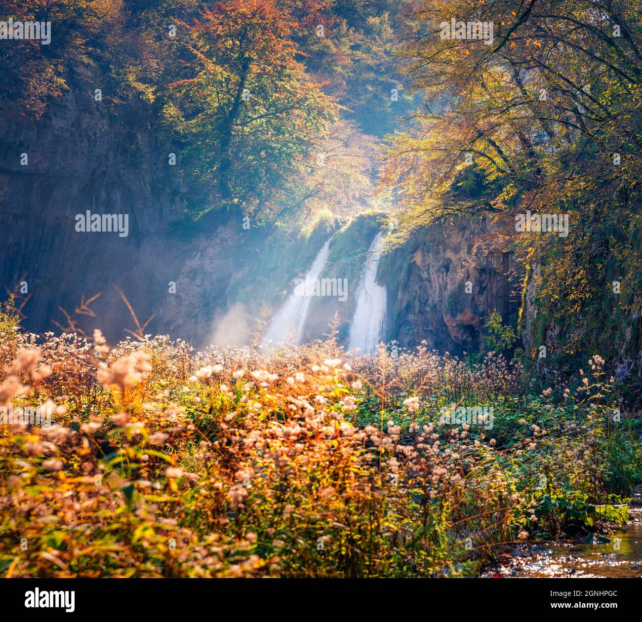 Fantastica vista mattutina della cascata d'acqua pura nel Parco Nazionale di Plitvice. Favolosa scena autunnale di Croazia, Europa. Luoghi abbandonati dei laghi di Plitvice Foto Stock