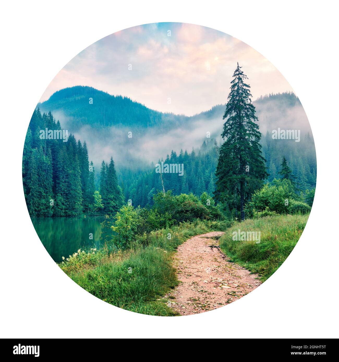 Icona rotonda della natura con paesaggio. Misty mattina estiva sul lago Lacu Rosu, contea di Harghita, Romania, Europa. Fotografia in cerchio. Foto Stock