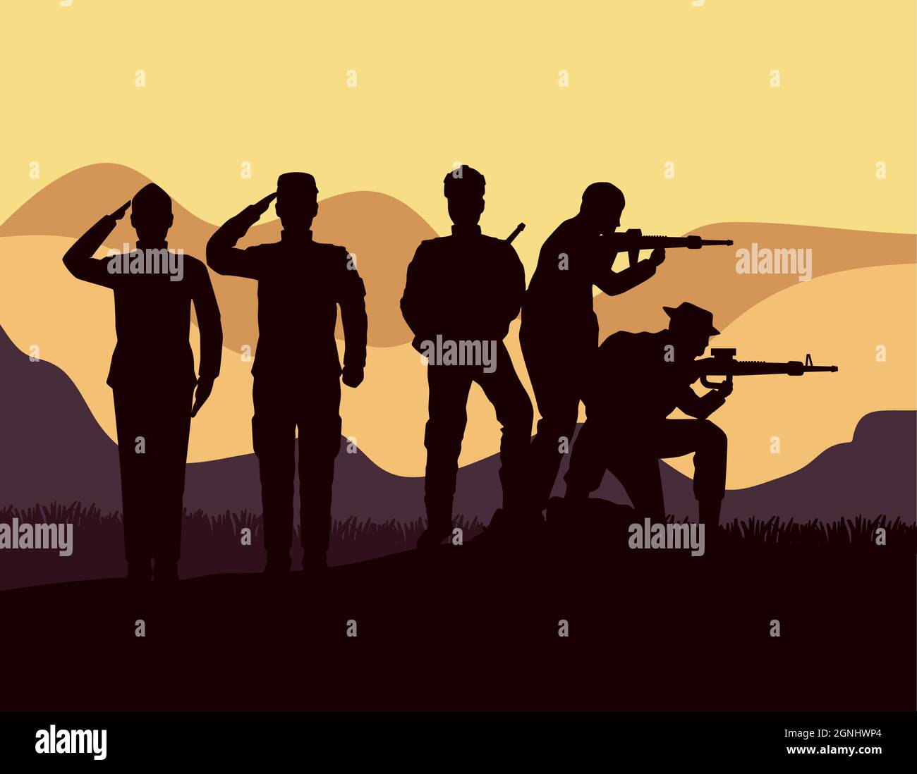 cinque silhouette militari nel campo Illustrazione Vettoriale