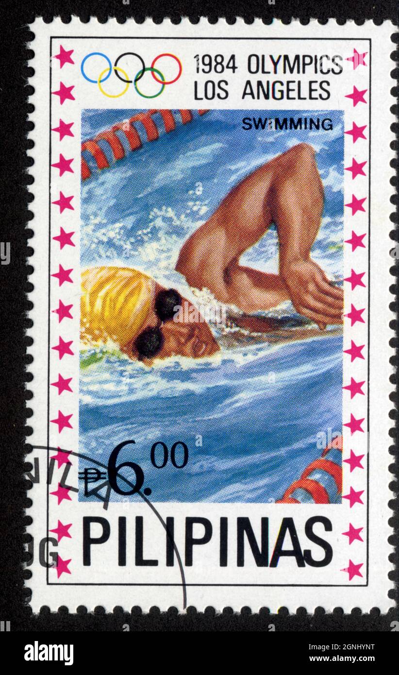 Timbre Pilipinas , 6,00, 1984 Olimpiadi Los Angeles, nuoto Foto Stock