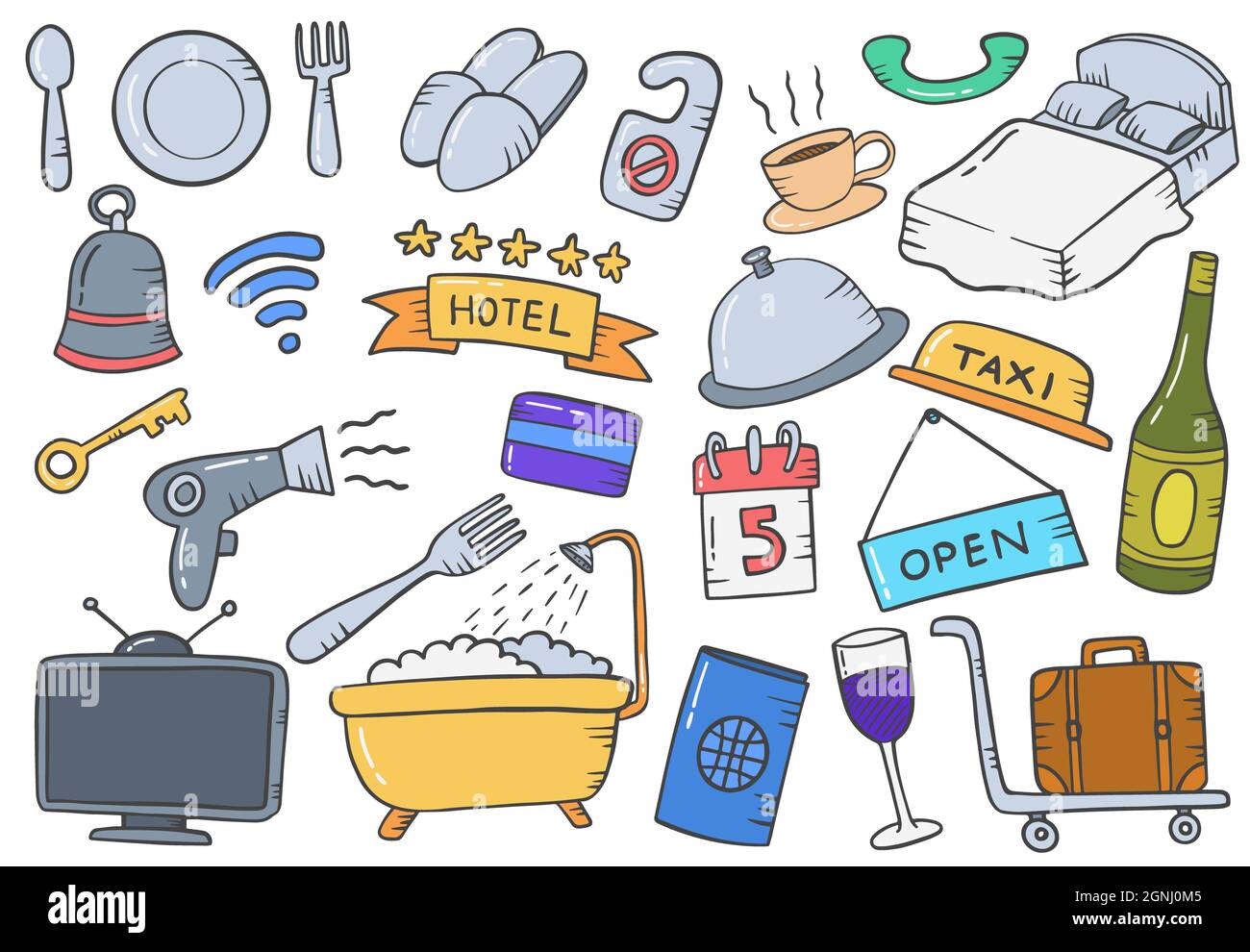 ospitalità concetto di settore doodle collezioni disegnate a mano set con profilo piatto stile illustrazione vettoriale Foto Stock