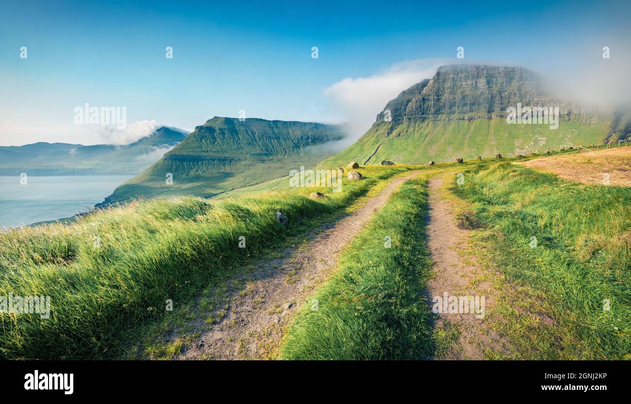 Misty vista estiva delle Isole Faroe. Attraente scena mattutina della periferia del villaggio di Sydradalur con vecchia strada di campagna, l'isola di Streymoy, la Danimarca, l'Europa Foto Stock