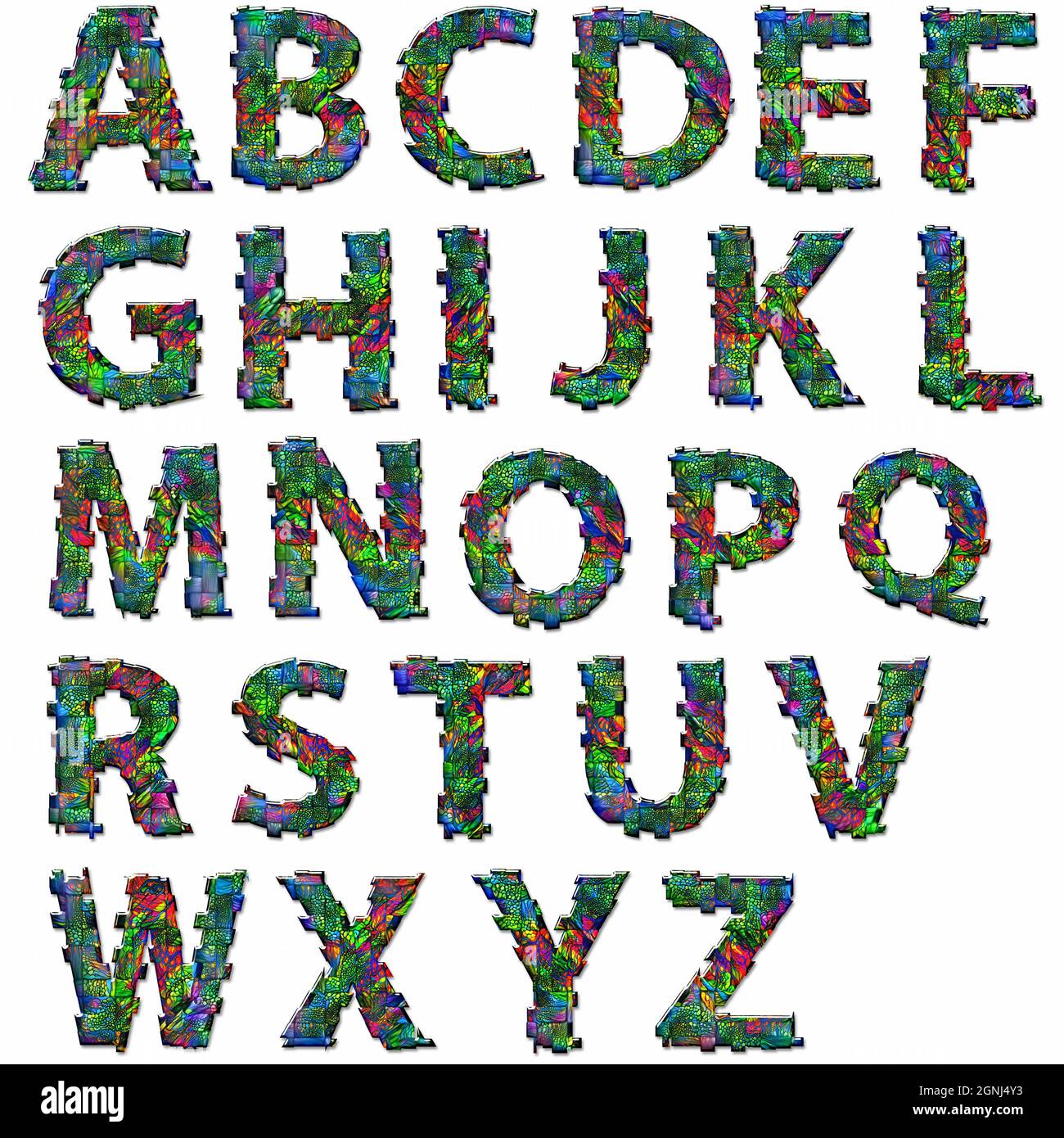 Rendering 3D della collezione di alfabeti con texture dipinte a mano in stile lucido a riflessione Foto Stock