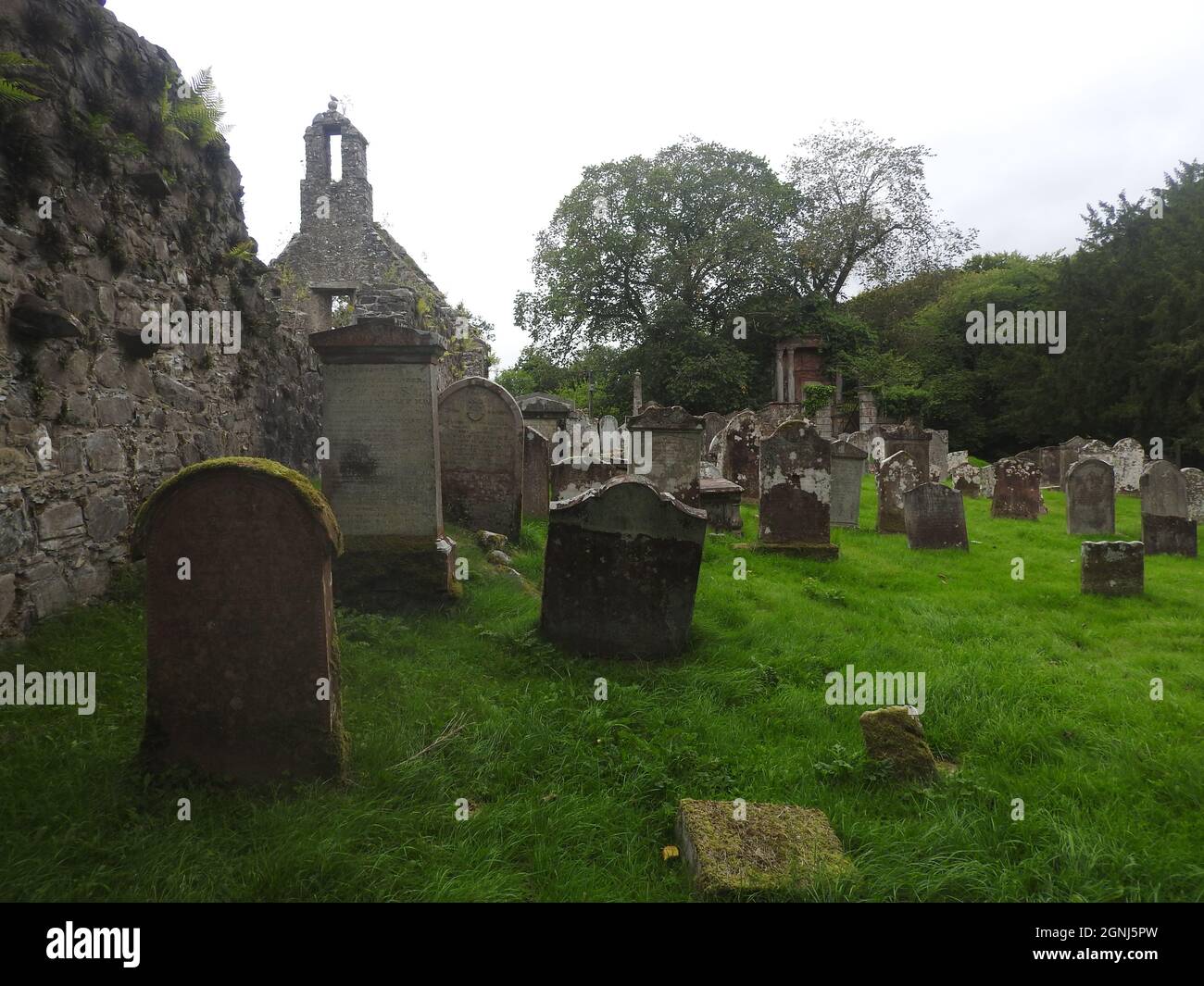 Nei terreni di Monigaff (Minnigaff) chiesa o Kirk , vicino Newton Stewart, Dumfries e Galloway. La 'nuova' chiesa è una chiesa di B listed costruita nel 1836 su un disegno gotico di Revival da William Burn. All'interno dello stesso terreno si trovano i resti della vecchia chiesa (qui mostrata) con le relative sepolture segnate con vecchie lapidi. E 'costruito sul sito di un vecchio castello motte e bailey Foto Stock