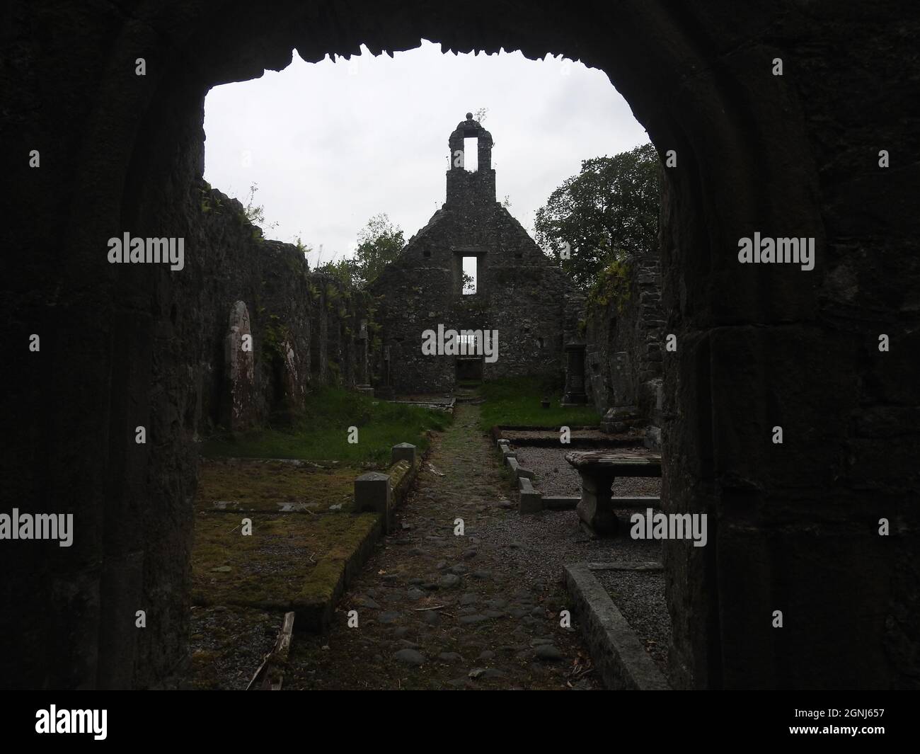 Nei terreni di Monigaff (Minnigaff) chiesa o Kirk , vicino Newton Stewart, Dumfries e Galloway. La 'nuova' chiesa è una chiesa di B listed costruita nel 1836 su un disegno gotico di Revival da William Burn. All'interno dello stesso terreno si trovano i resti della vecchia chiesa (interno qui raffigurato) con relative sepolture segnate con vecchie lapidi. E 'costruito sul sito di un vecchio castello motte e bailey Foto Stock