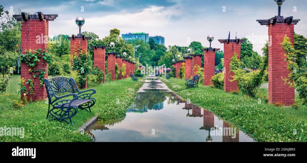 Puddles dopo la pioggia nel Parco del Re Mihai i della Romania (Parco Herastrau). Panorama urbano estivo panoramico di Bucarest, capitale della Romania, Europa. Viaggiando co Foto Stock
