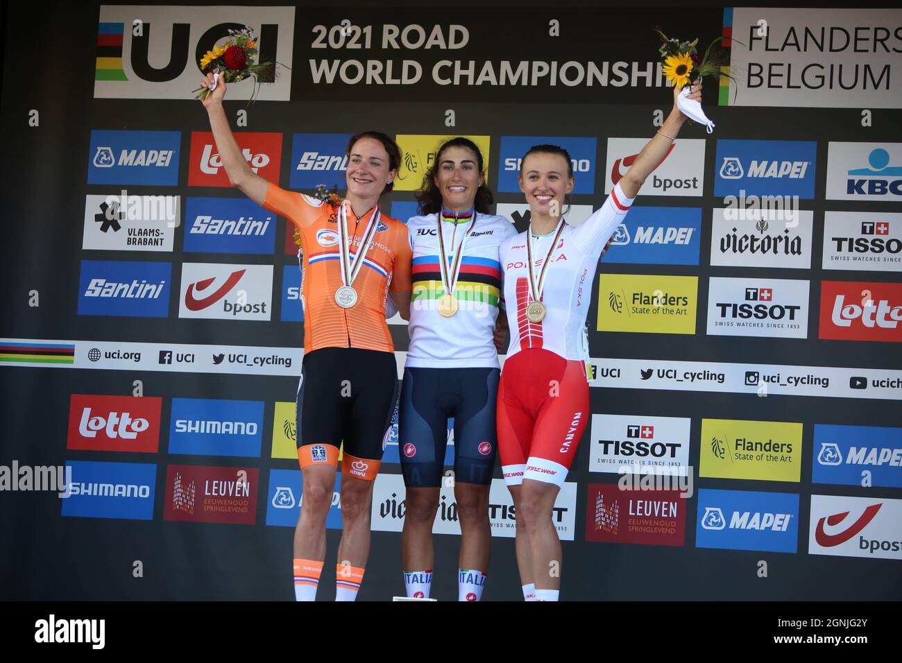 Marianne Vos di Netherland , Elisa Balsamo d'Italia e Katarzyna Niewiadoma di Poulogne durante i Campionati mondiali di strade UEC 2021 di Leuven, il 25 settembre, a Leuven, Belgio - Foto Laurent Lairys / DPPI Foto Stock