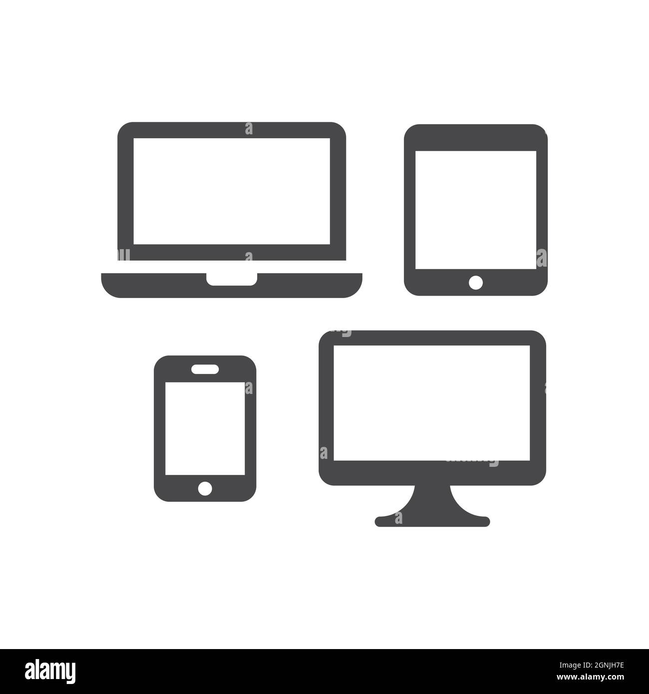 Set di icone vettoriali nere per dispositivi elettronici. Simboli del design reattivo di schermo TV, notebook, smartphone e tablet. Illustrazione Vettoriale