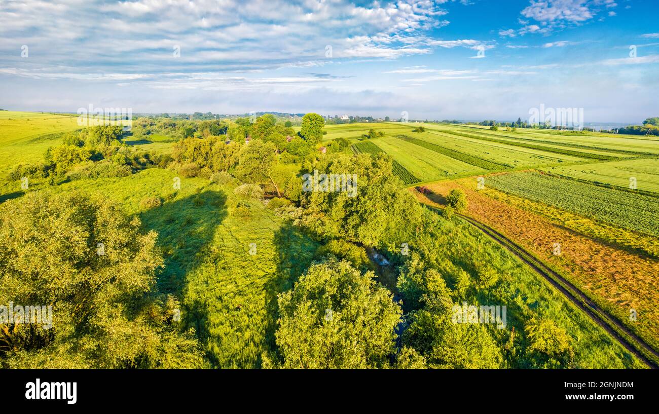 Colorata vista mattutina del fiume Strypa, regione Ternopil, Uktaine. Splendida vista estiva del pascolo e del campo di grano. Concetto di viaggio background. Vista Foto Stock