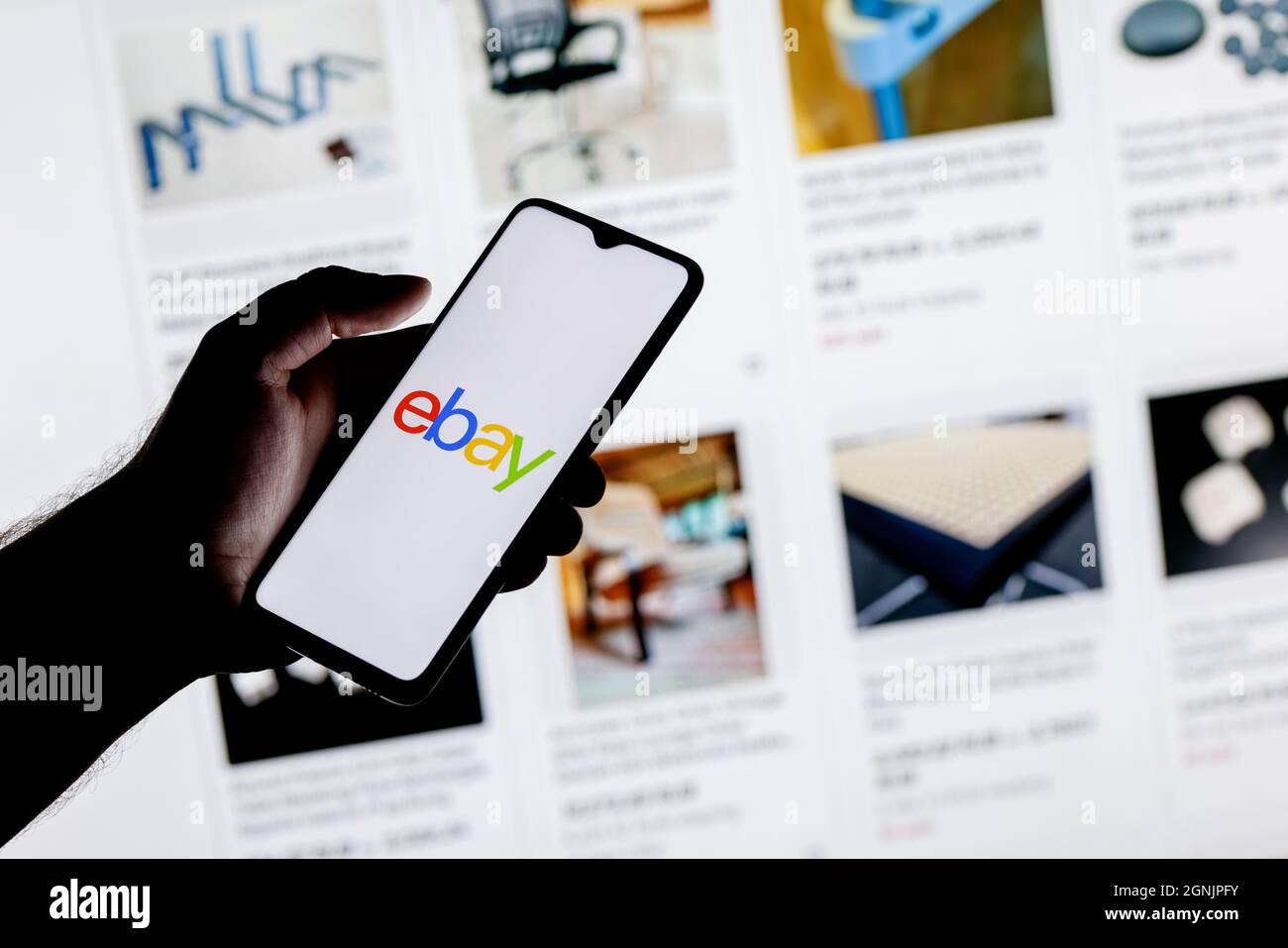 Uno smartphone con il logo eBay in una mano sullo sfondo del catalogo di siti Web. Foto Stock