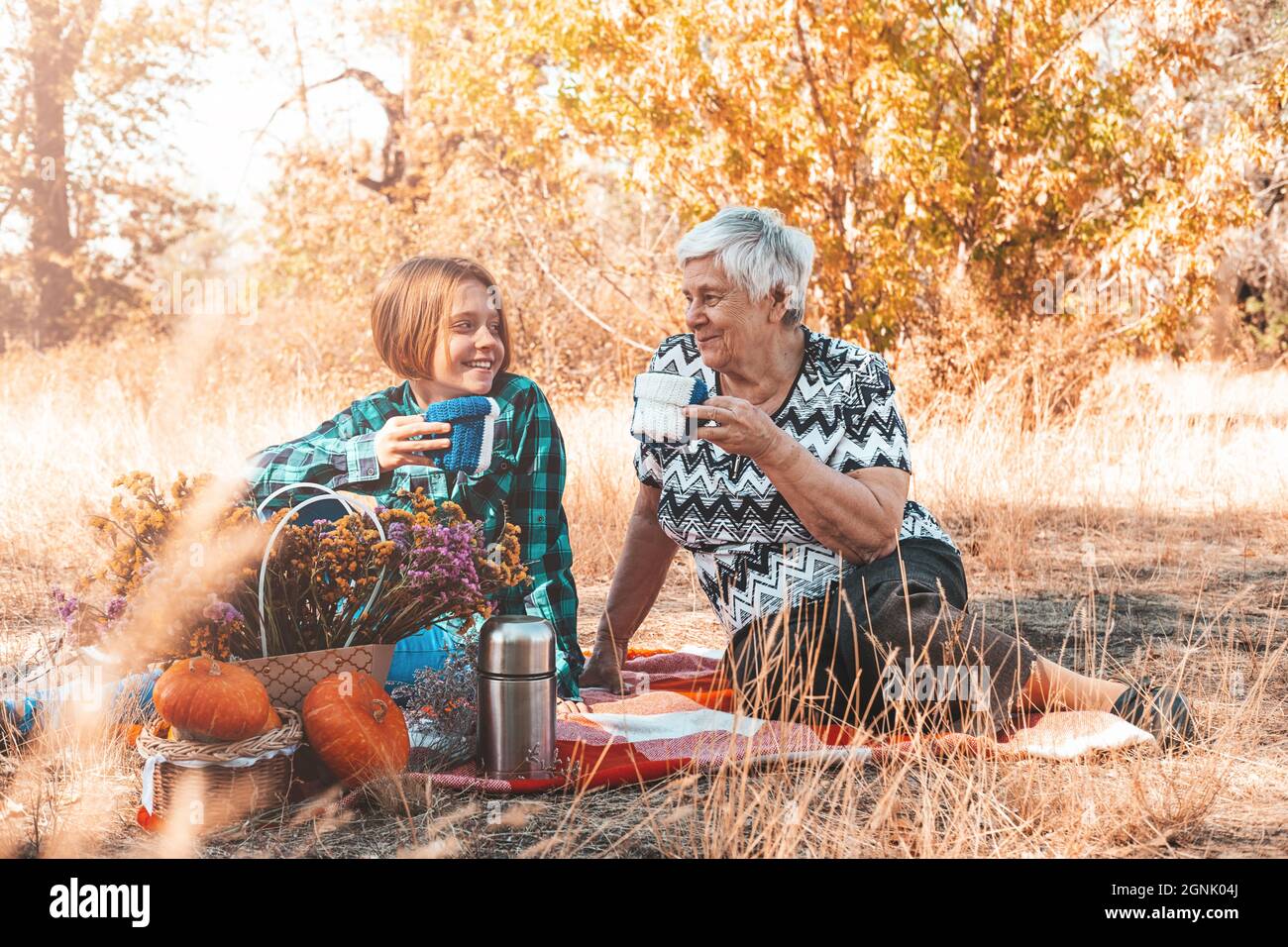 Nonna e nipote in un picnic autunnale Foto Stock