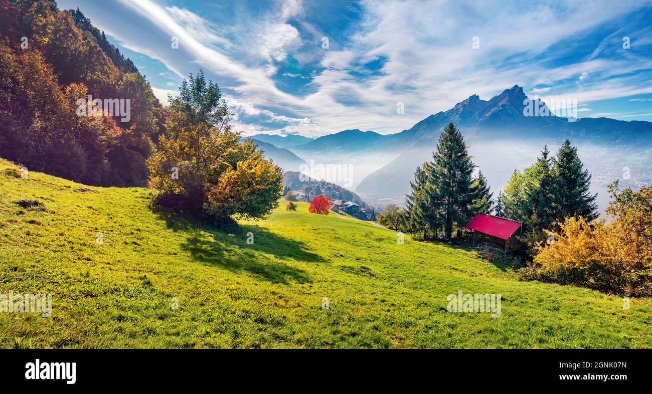 Bellissimo paesaggio estivo. Splendida vista mattutina della periferia di Stansstad, Svizzera, Europa. Incantevole scena autunnale del lago di Lucerna, al svizzero Foto Stock