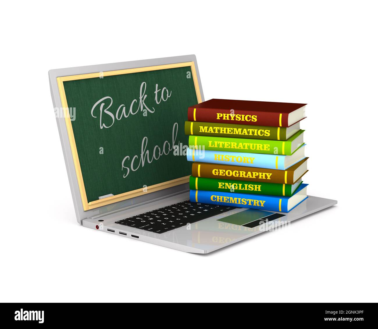 torna a scuola su sfondo bianco. Illustrazione 3D isolata Foto Stock