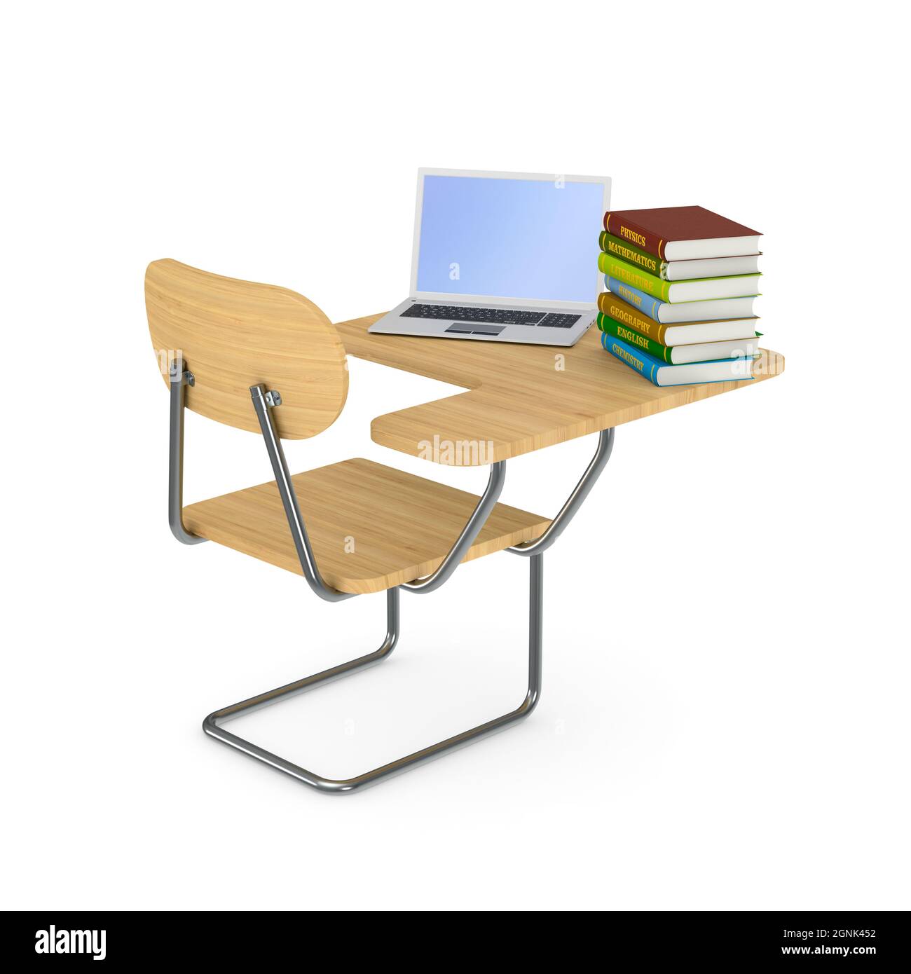 Scrivania della scuola, mazzo di libri e computer portatile su sfondo bianco. Illustrazione 3D isolata Foto Stock