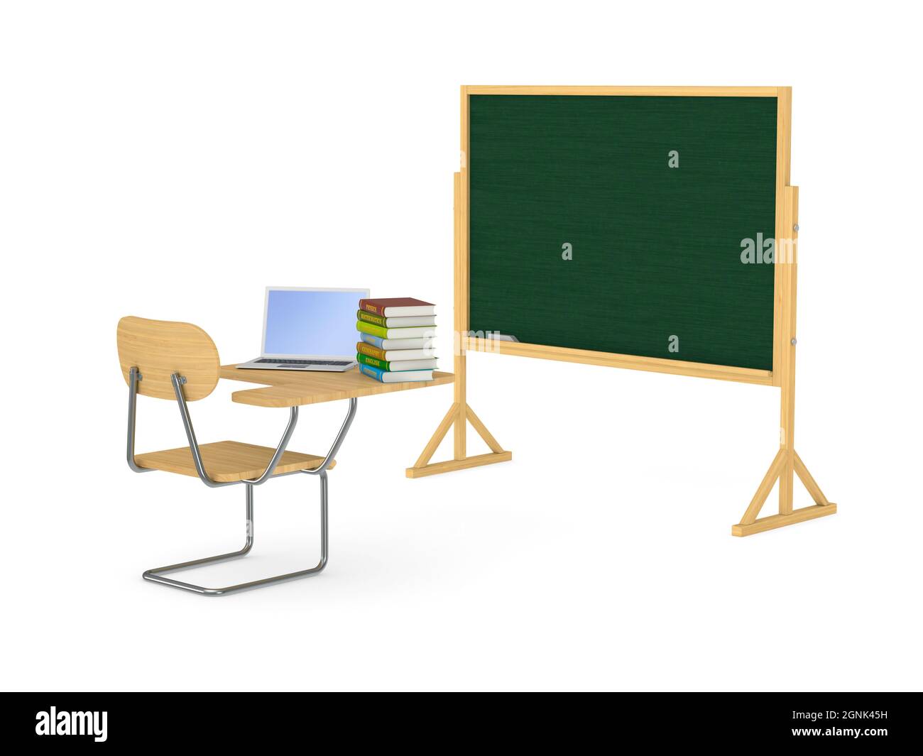 Scrivania della scuola, mazzo di libri e computer portatile su sfondo bianco. Illustrazione 3D isolata Foto Stock