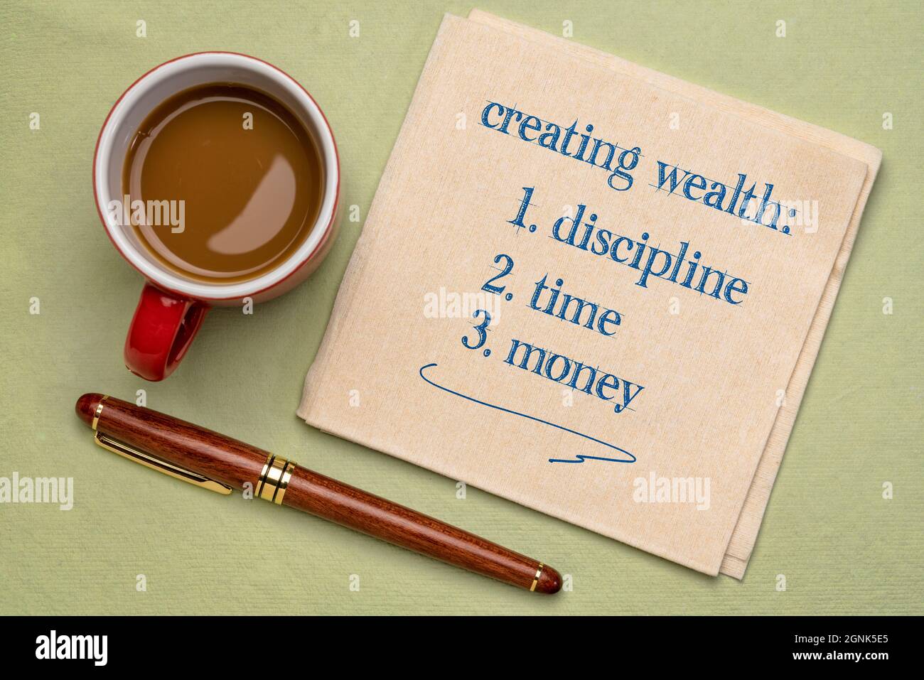 creare ricchezza - disciplina, tempo e denaro, scrittura a mano su un tovagliolo con una tazza di caffè, investire, pensione e concetto finanziario Foto Stock