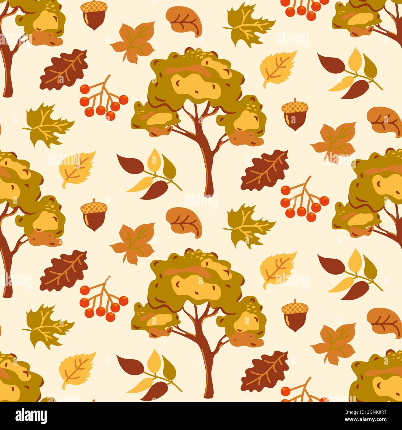 Autunnale senza cuciture con foglie gialle e arancioni su sfondo beige. Foglie astratte autunnali. Sfondo vettoriale autunno, carta da parati. Tessuto Illustrazione Vettoriale