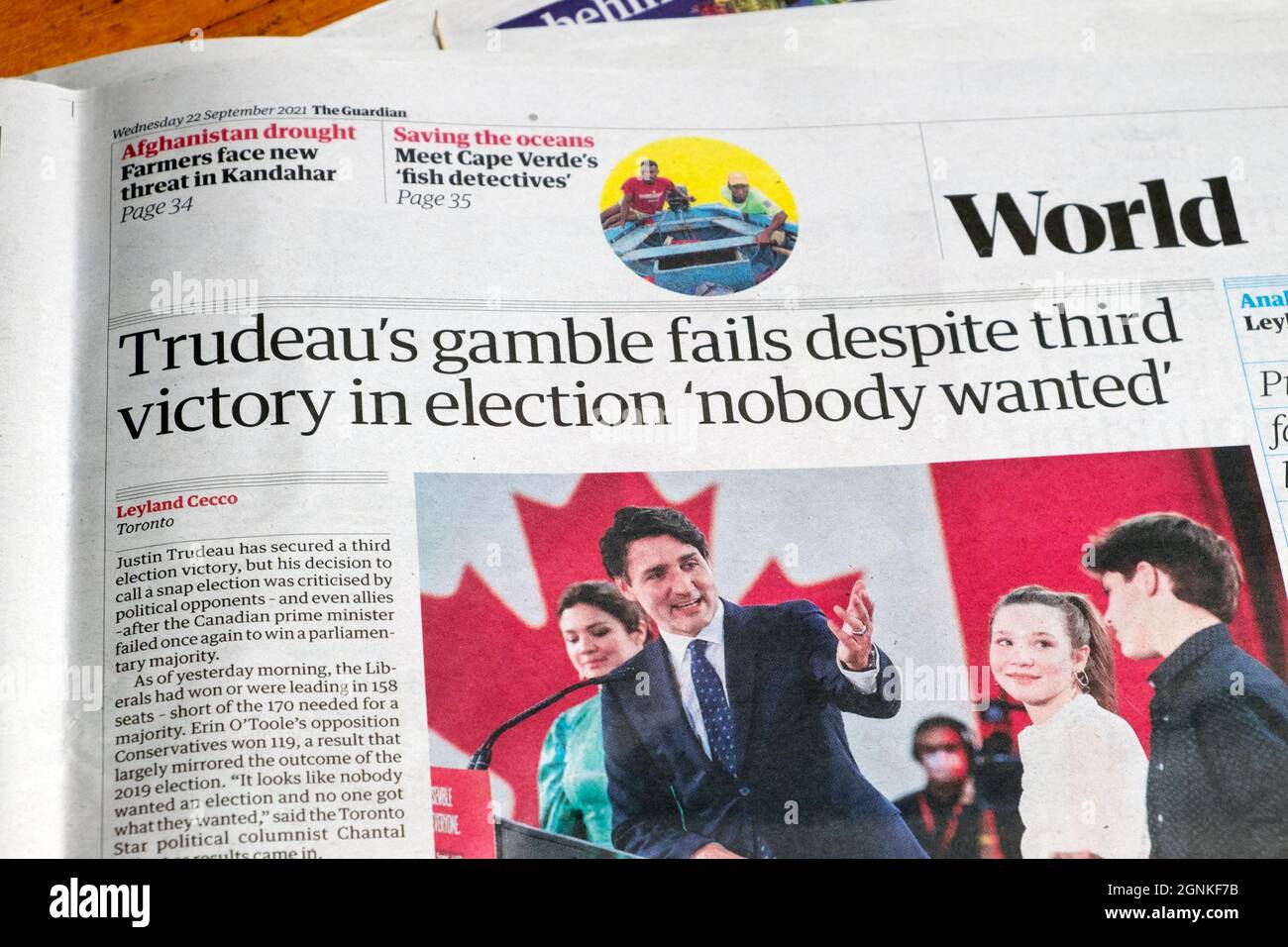 Justin 'la scommessa di Trudeau fallisce nonostante la terza vittoria in elezione nessuno voleva' giornale Guardian titolo Canada elezione articolo 22 settembre 2021 Foto Stock