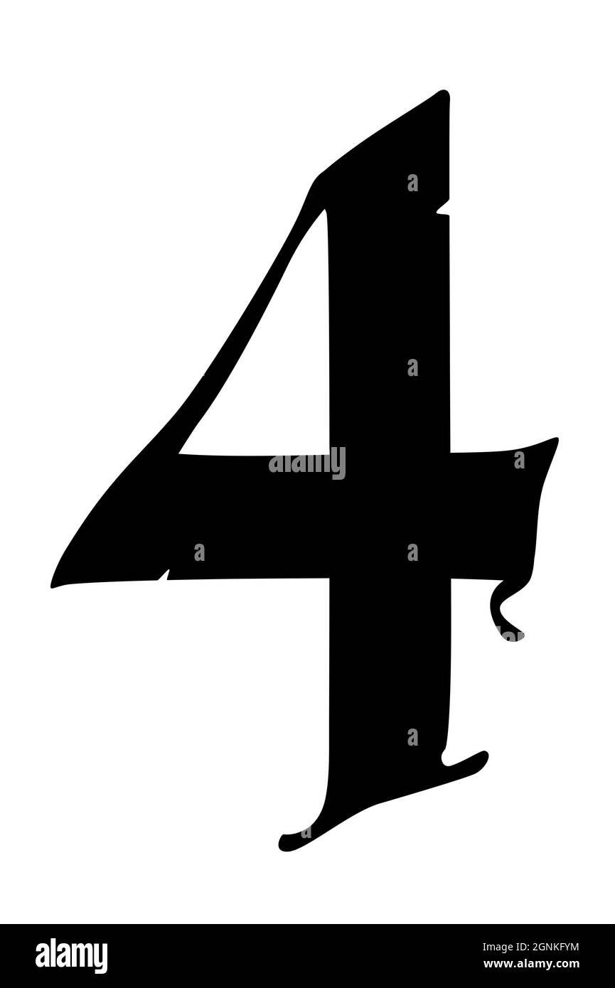 Numero 4 in stile gotico. Vettore. Il simbolo è isolato su uno sfondo bianco. Calligrafia e lettere. Lettera latina medievale. Logo per il com Illustrazione Vettoriale