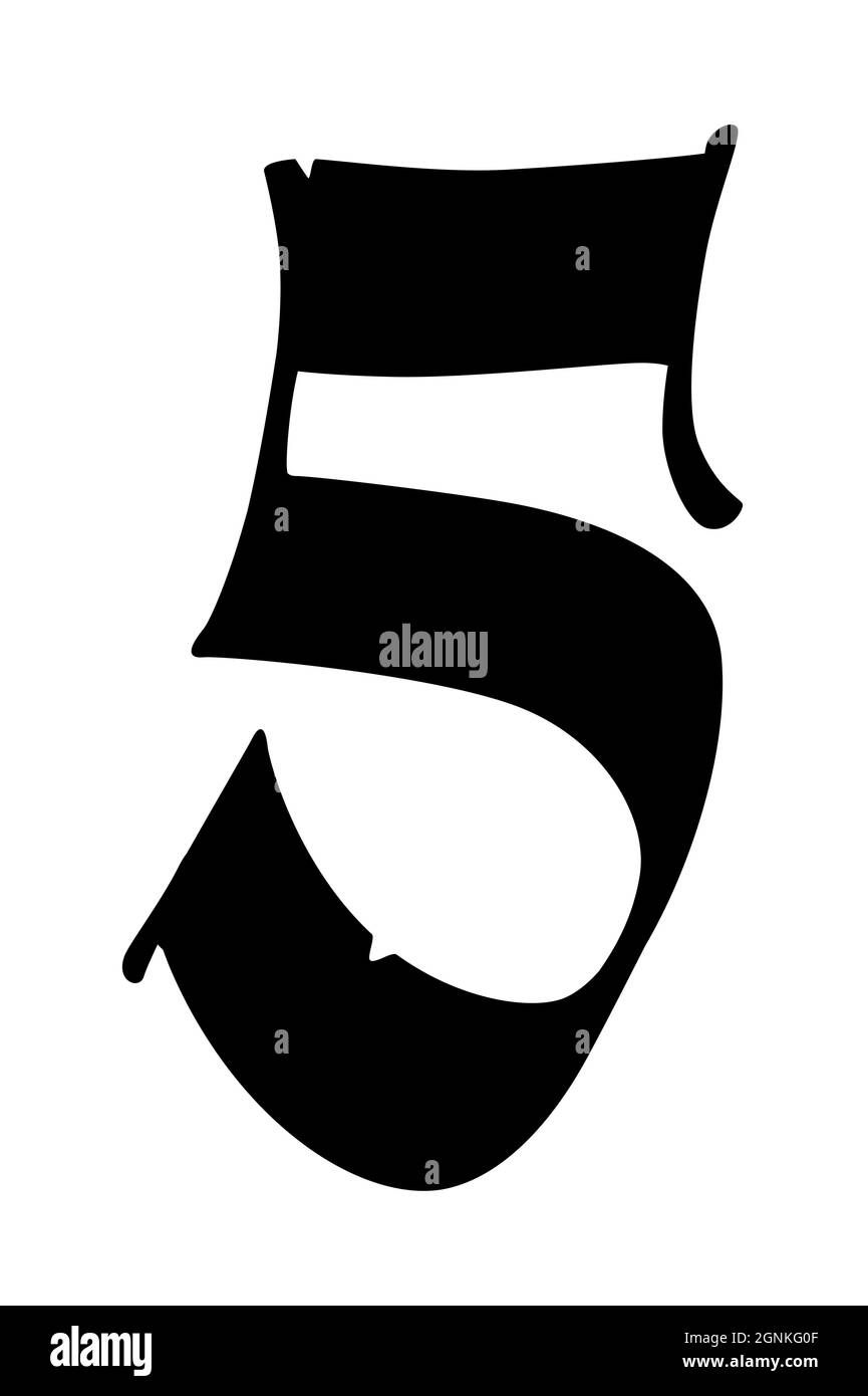 Numero 5 in stile gotico. Vettore. Il simbolo è isolato su uno sfondo bianco. Calligrafia e lettere. Lettera latina medievale. Logo per il com Illustrazione Vettoriale